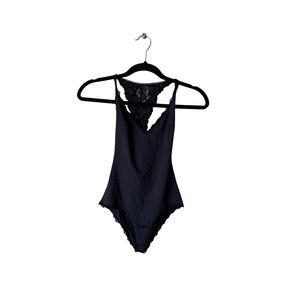 Les Coquines Women's Black Lace Trim V-Neck Racer Back Bodysuit Size 1